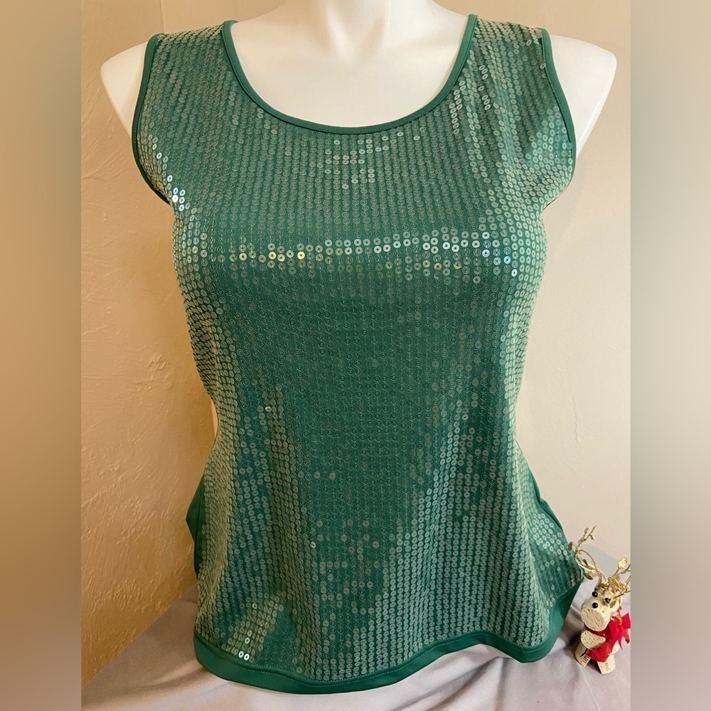 Joan Rivers Top~Green w/Sewn Clear Sequins~Short Sleeves~Stretchy~Size M